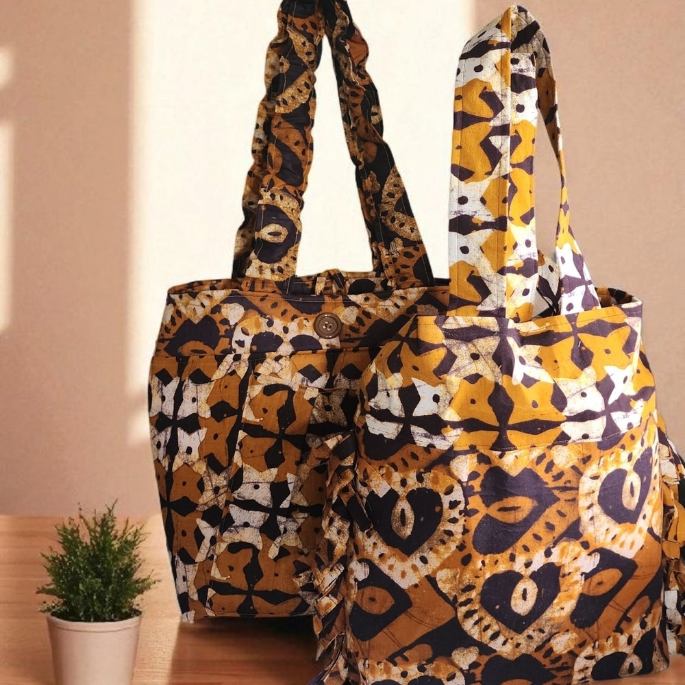 Yellow and Black Quilted Tote Bags with Geometric Patterns